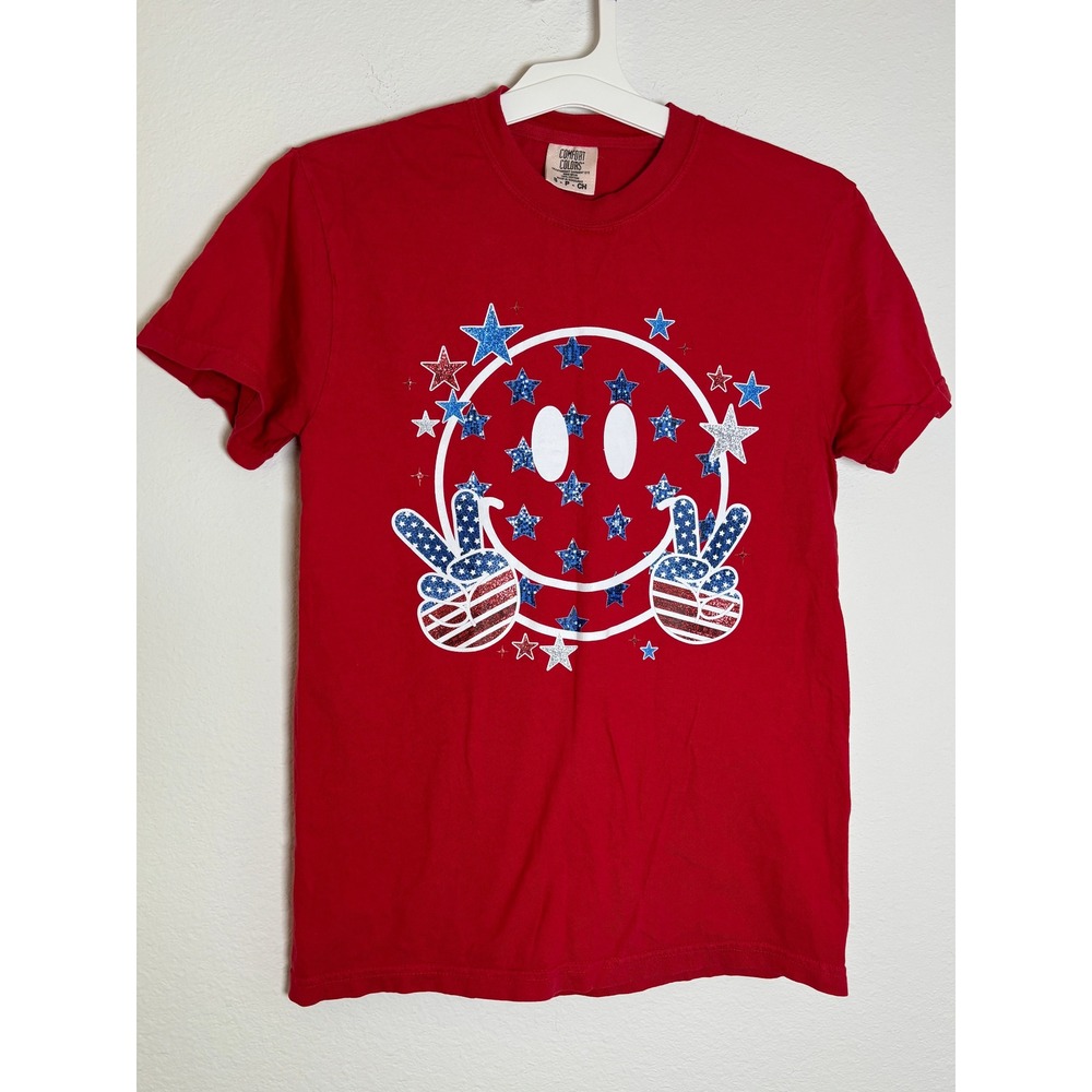 Comfort‎ Colors Red Patriotic Smiley Face Peace Sign Graphic T-Shirt Small